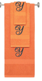 Orange monogrammed towel set with Black thread, Diana Script font, initial Y - 540 GSM cotton 3-piece