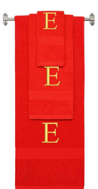 Red monogrammed towel set with Gold thread, Times New Roman font, initial E - 540 GSM cotton 3-piece