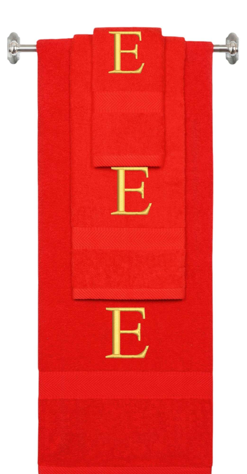 Red monogrammed towel set with Gold thread, Times New Roman font, initial E - 540 GSM cotton 3-piece