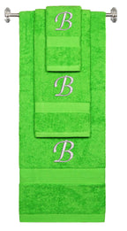 Lime monogrammed towel set with Silver thread, Chancery font, initial B - 540 GSM cotton 3-piece