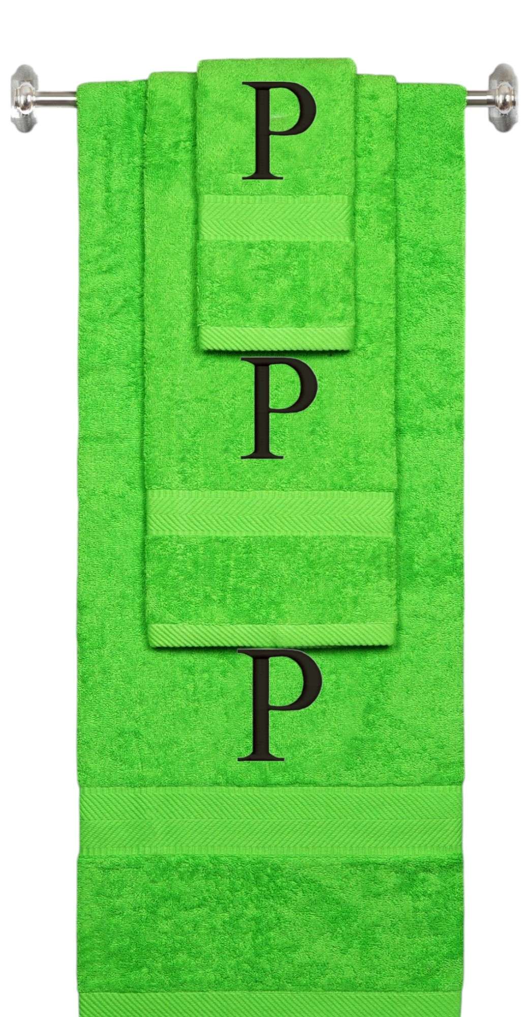 Lime monogrammed towel set with Black thread, Times New Roman font, initial P - 540 GSM cotton 3-piece
