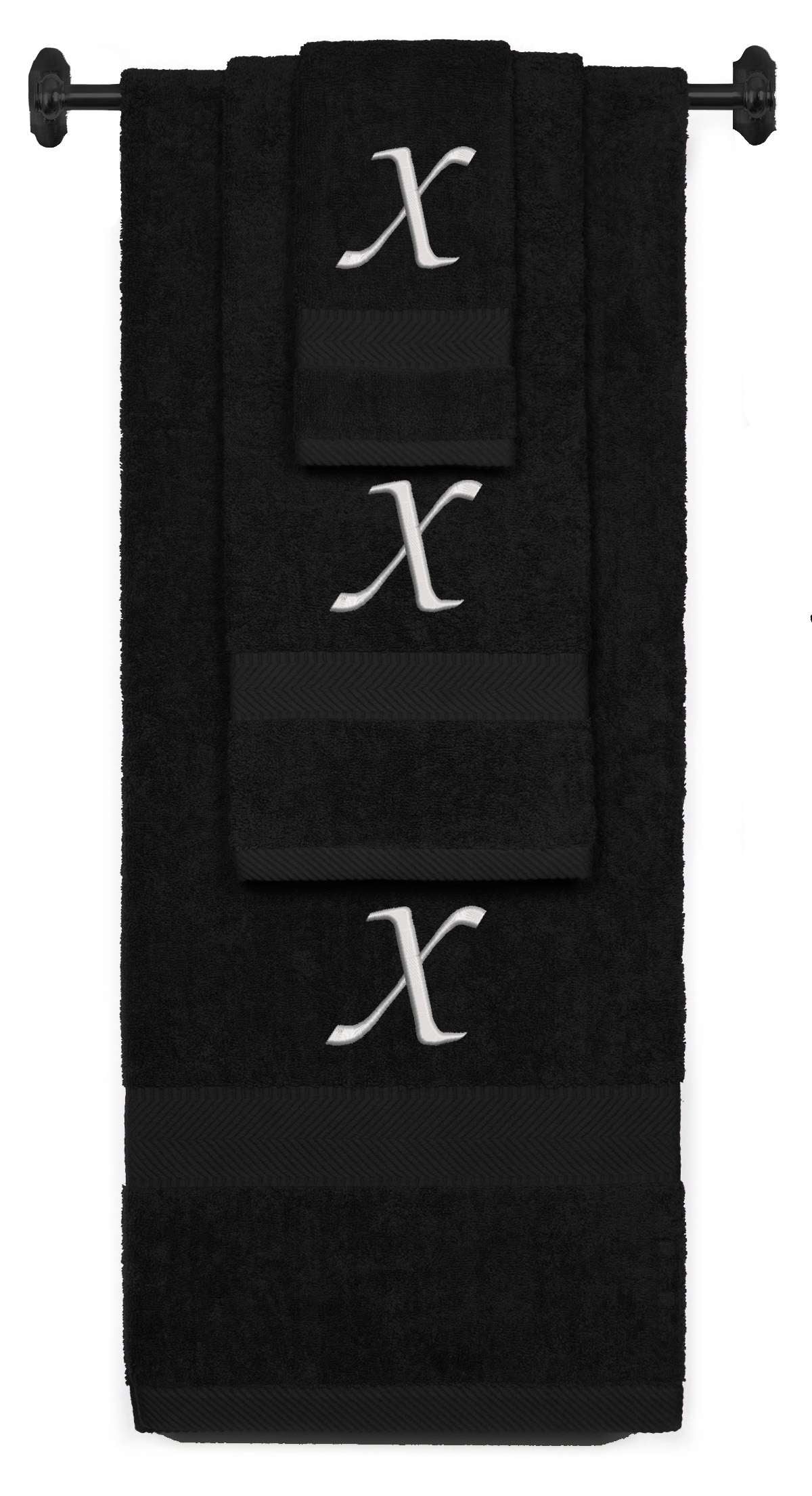 Black monogrammed towel set with Silver thread, Chancery font, initial X - 540 GSM cotton 3-piece
