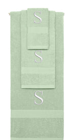 Mint Green monogrammed towel set with Silver thread, Times New Roman font, initial S - 540 GSM cotton 3-piece
