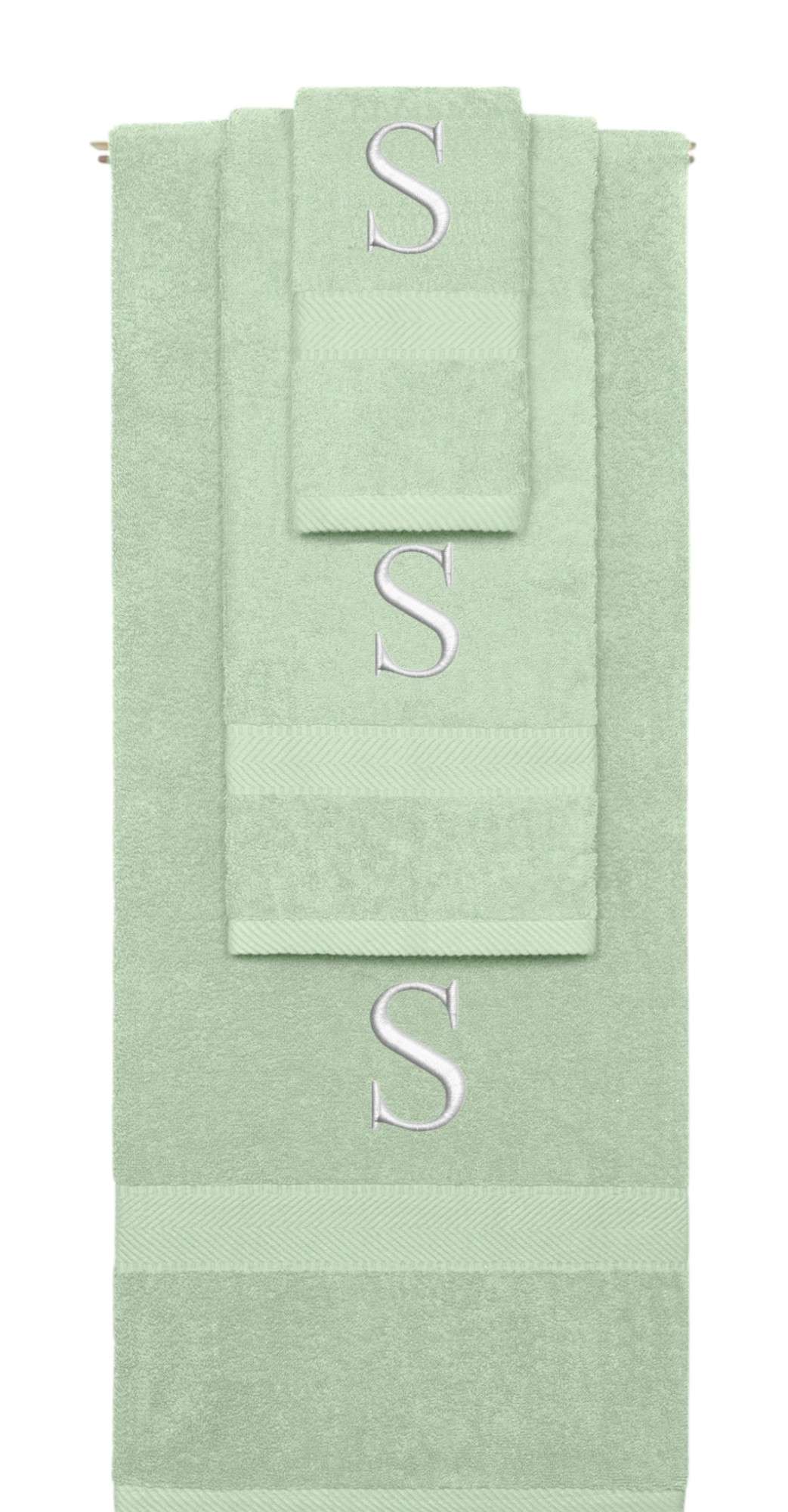 Mint Green monogrammed towel set with Silver thread, Times New Roman font, initial S - 540 GSM cotton 3-piece