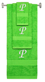 Lime monogrammed towel set with White thread, Chancery font, initial P - 540 GSM cotton 3-piece