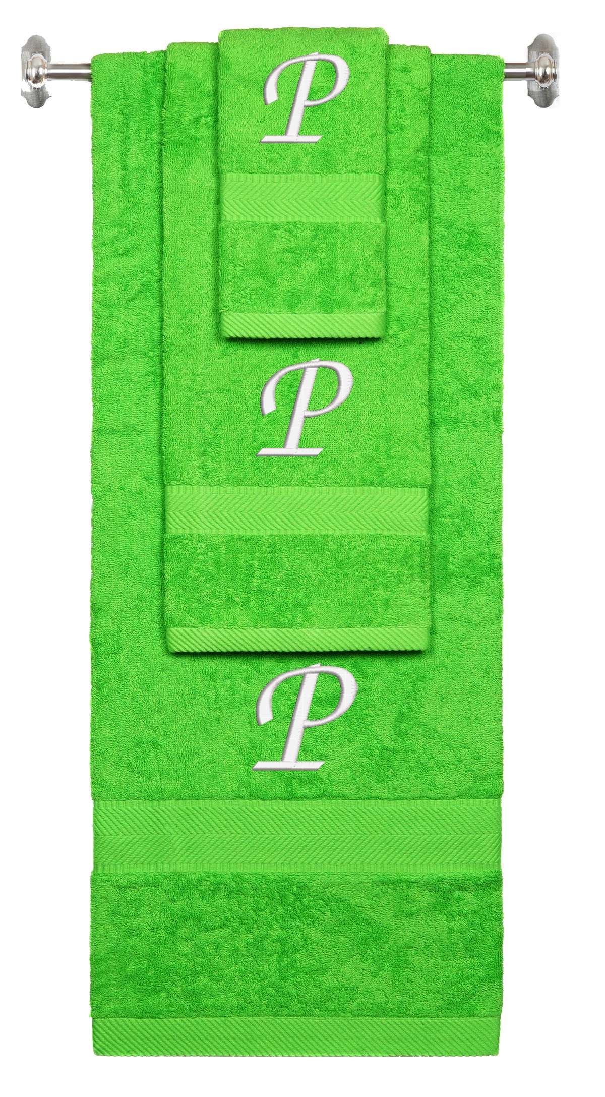 Lime monogrammed towel set with White thread, Chancery font, initial P - 540 GSM cotton 3-piece