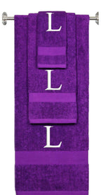 Purple monogrammed towel set with White thread, Times New Roman font, initial L - 540 GSM cotton 3-piece