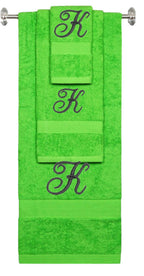 Lime monogrammed towel set with Black thread, Diana Script font, initial K - 540 GSM cotton 3-piece