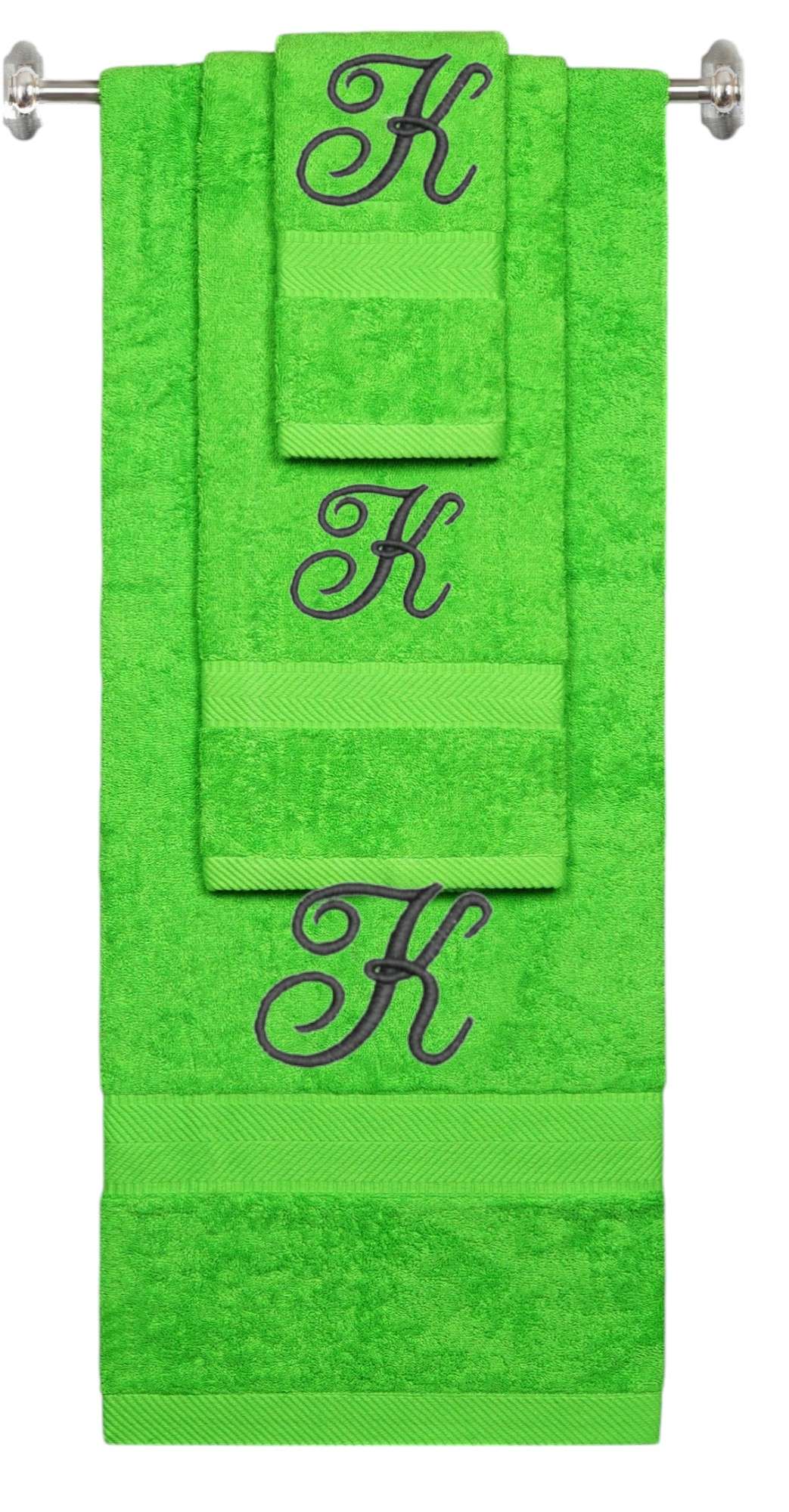 Lime monogrammed towel set with Black thread, Diana Script font, initial K - 540 GSM cotton 3-piece
