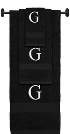 Black monogrammed towel set with Silver thread, Times New Roman font, initial G - 540 GSM cotton 3-piece