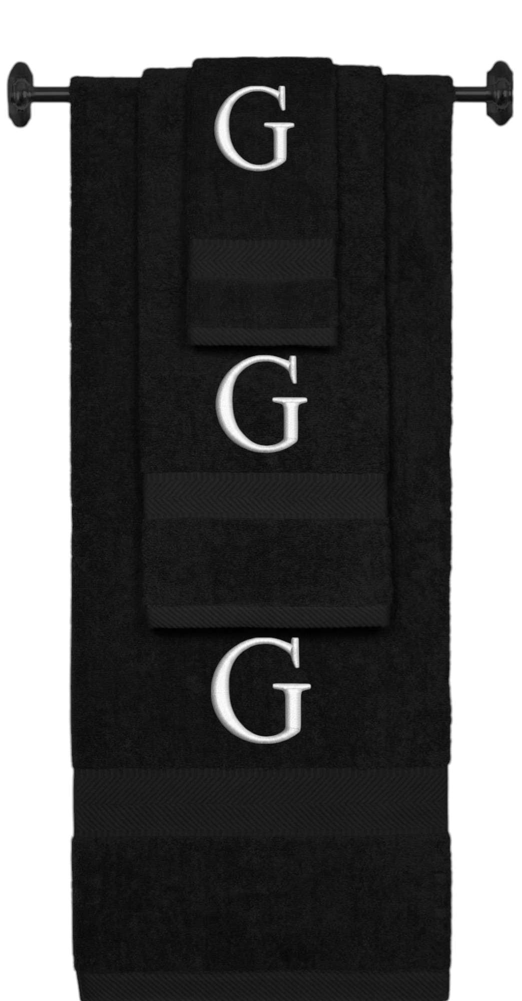 Black monogrammed towel set with Silver thread, Times New Roman font, initial G - 540 GSM cotton 3-piece