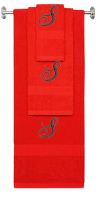 Red monogrammed towel set with Black thread, Diana Script font, initial S - 540 GSM cotton 3-piece