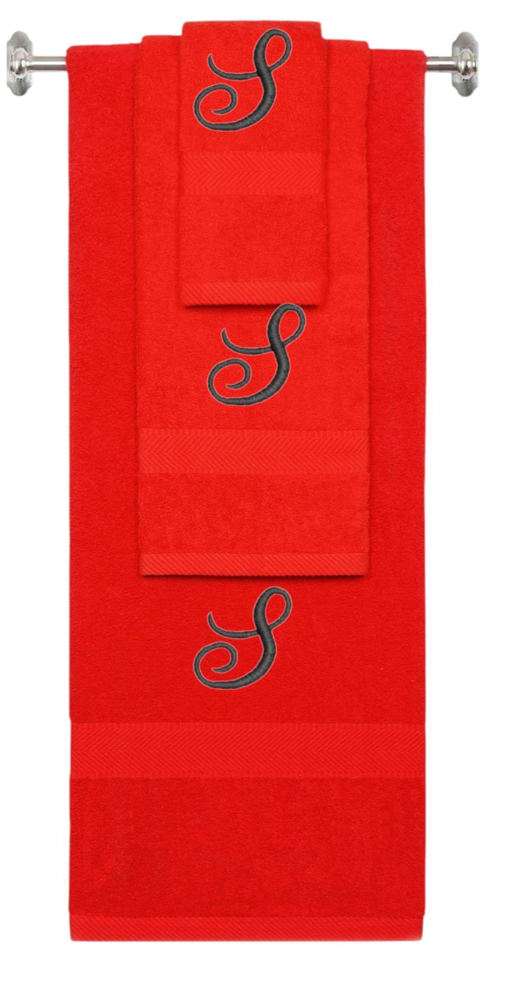 Red monogrammed towel set with Black thread, Diana Script font, initial S - 540 GSM cotton 3-piece