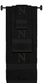 Black monogrammed towel set with Black thread, Times New Roman font, initial N - 540 GSM cotton 3-piece