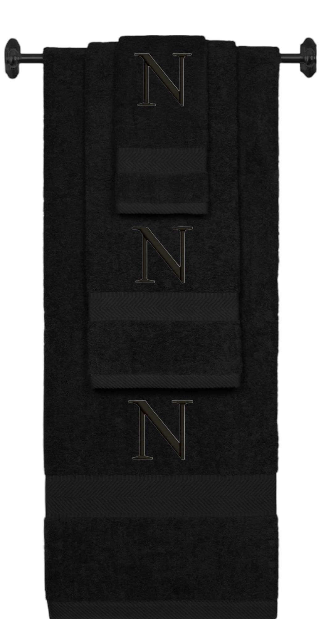 Black monogrammed towel set with Black thread, Times New Roman font, initial N - 540 GSM cotton 3-piece