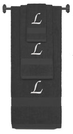 Charcoal monogrammed towel set with Silver thread, Chancery font, initial L - 540 GSM cotton 3-piece