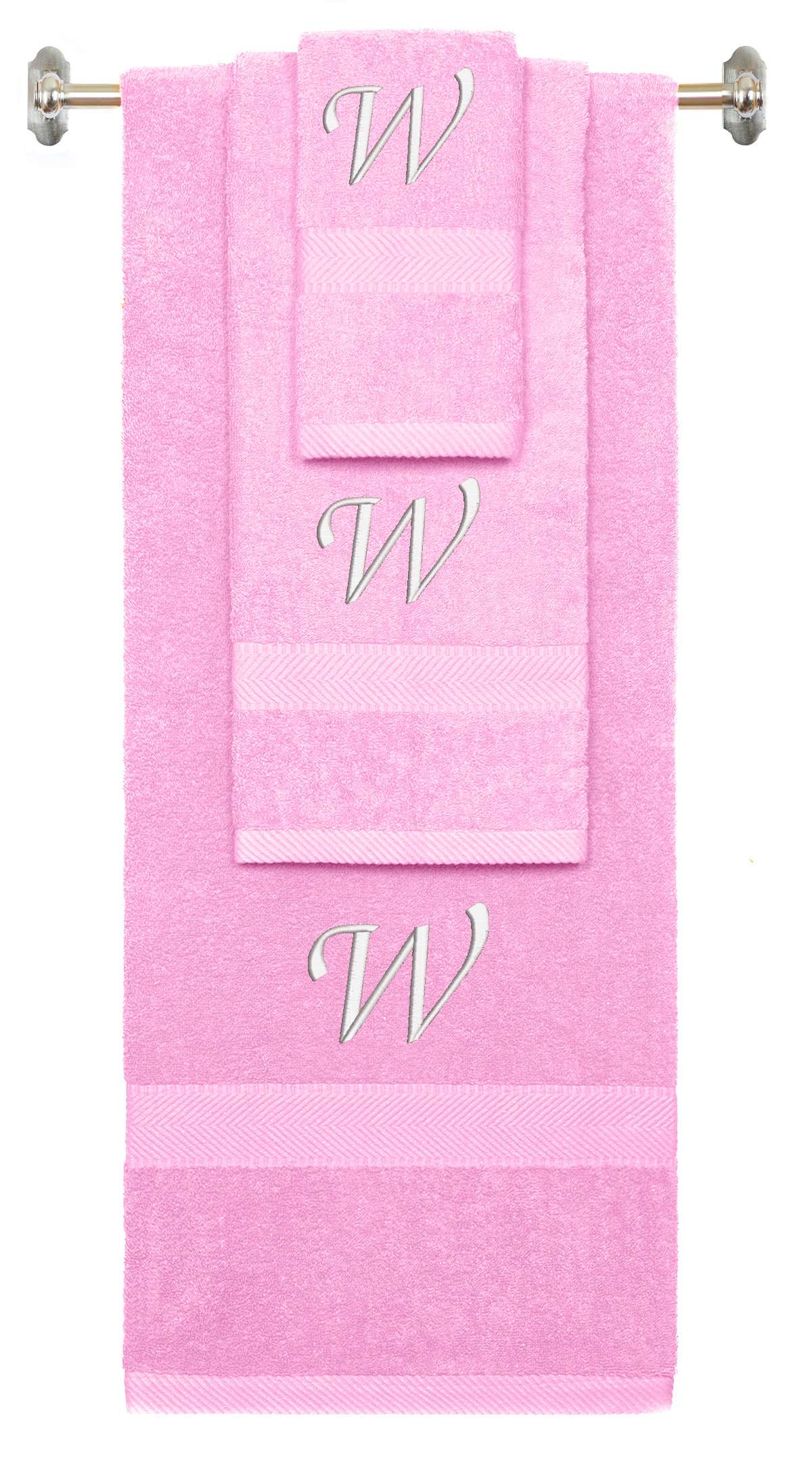 Pink monogrammed towel set with White thread, Chancery font, initial W - 540 GSM cotton 3-piece
