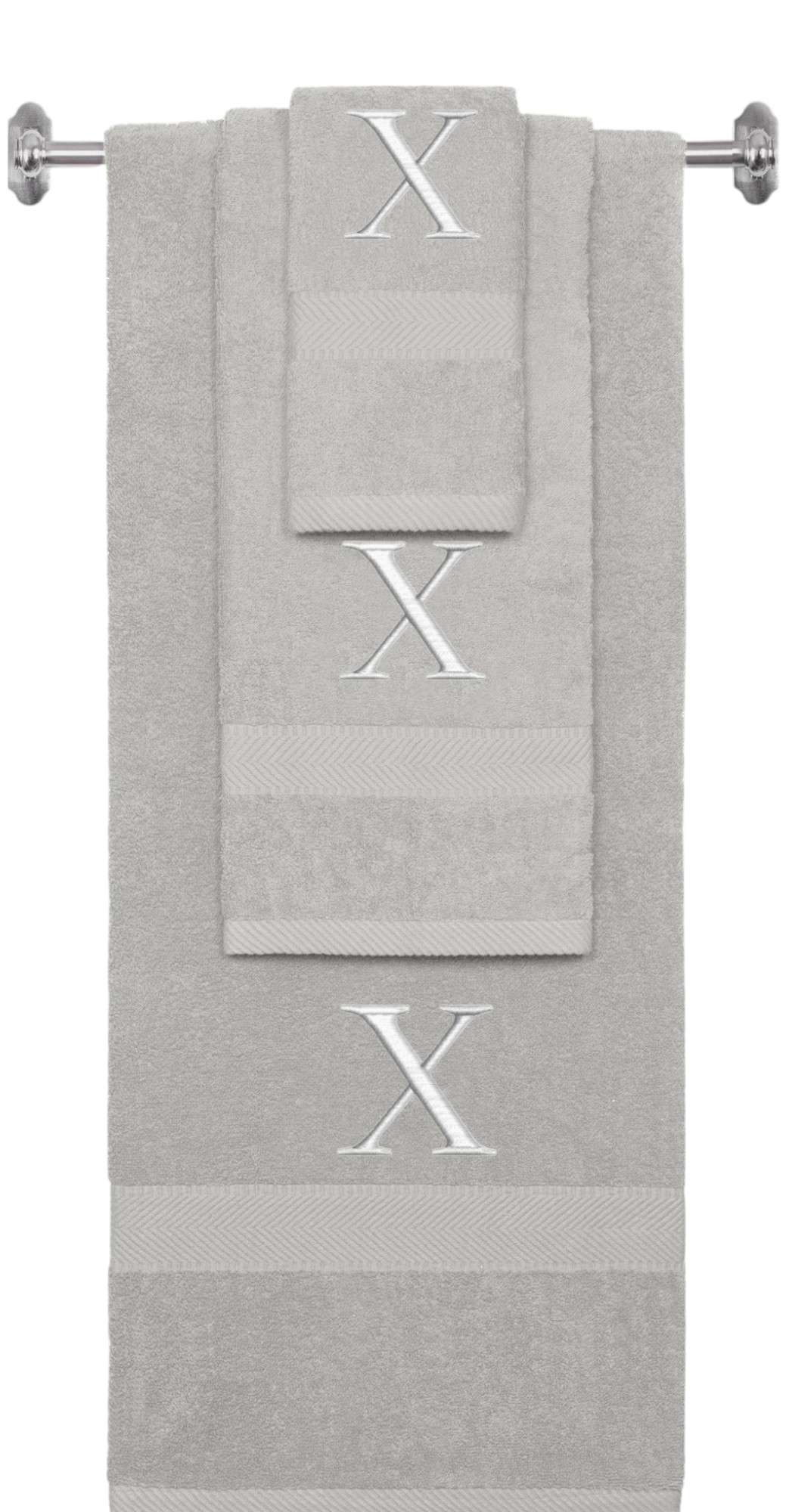 Silver monogrammed towel set with Silver thread, Times New Roman font, initial X - 540 GSM cotton 3-piece