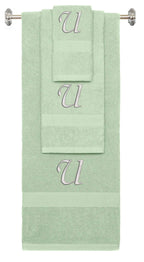 Mint Green monogrammed towel set with Silver thread, Chancery font, initial U - 540 GSM cotton 3-piece