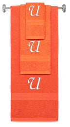 Orange monogrammed towel set with White thread, Chancery font, initial U - 540 GSM cotton 3-piece