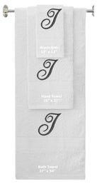 White monogrammed towel set with Black thread, Diana Script font, initial I - 540 GSM cotton 3-piece
