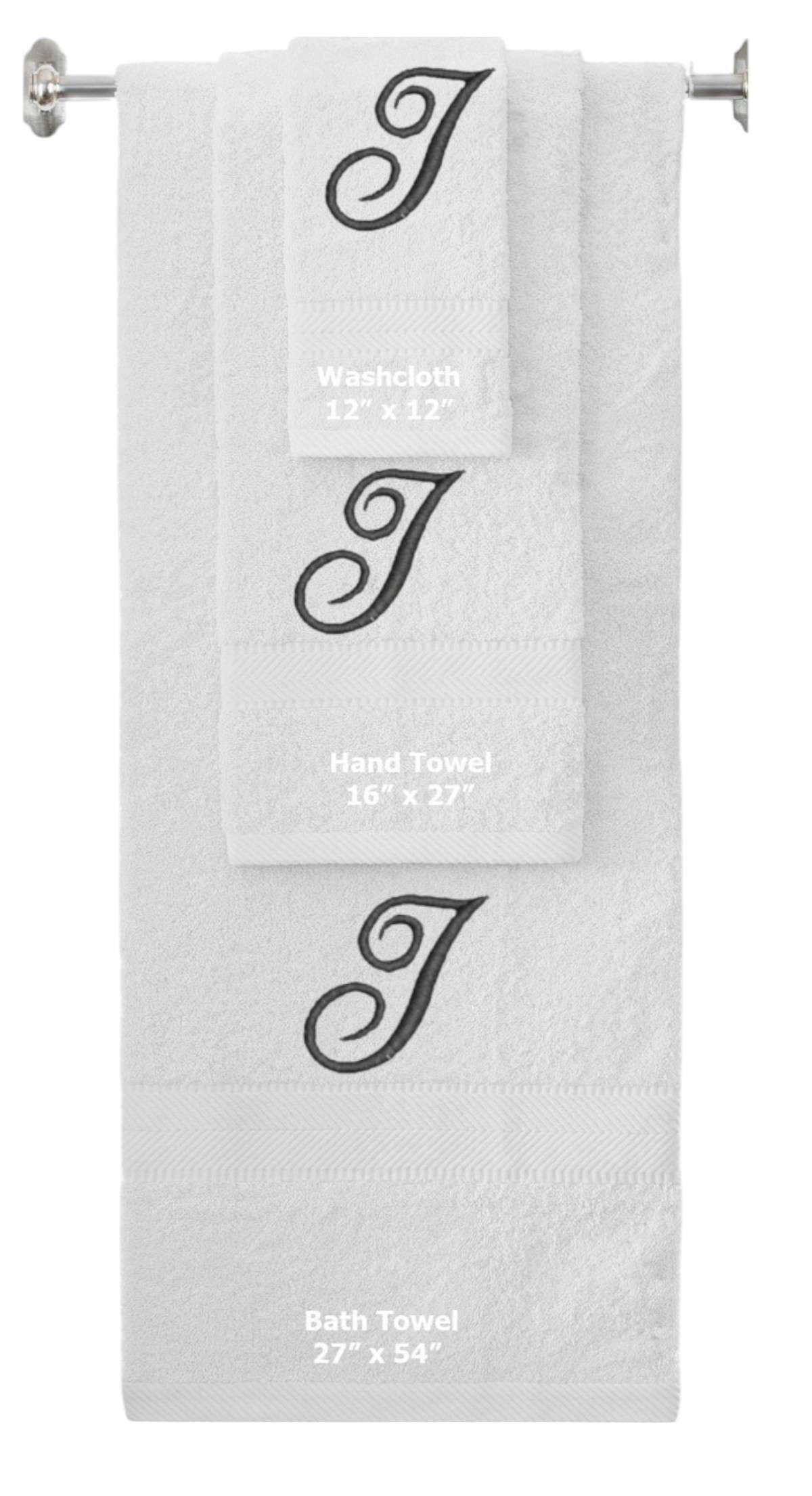 White monogrammed towel set with Black thread, Diana Script font, initial I - 540 GSM cotton 3-piece