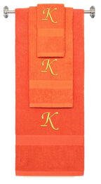 Orange monogrammed towel set with Gold thread, Chancery font, initial K - 540 GSM cotton 3-piece