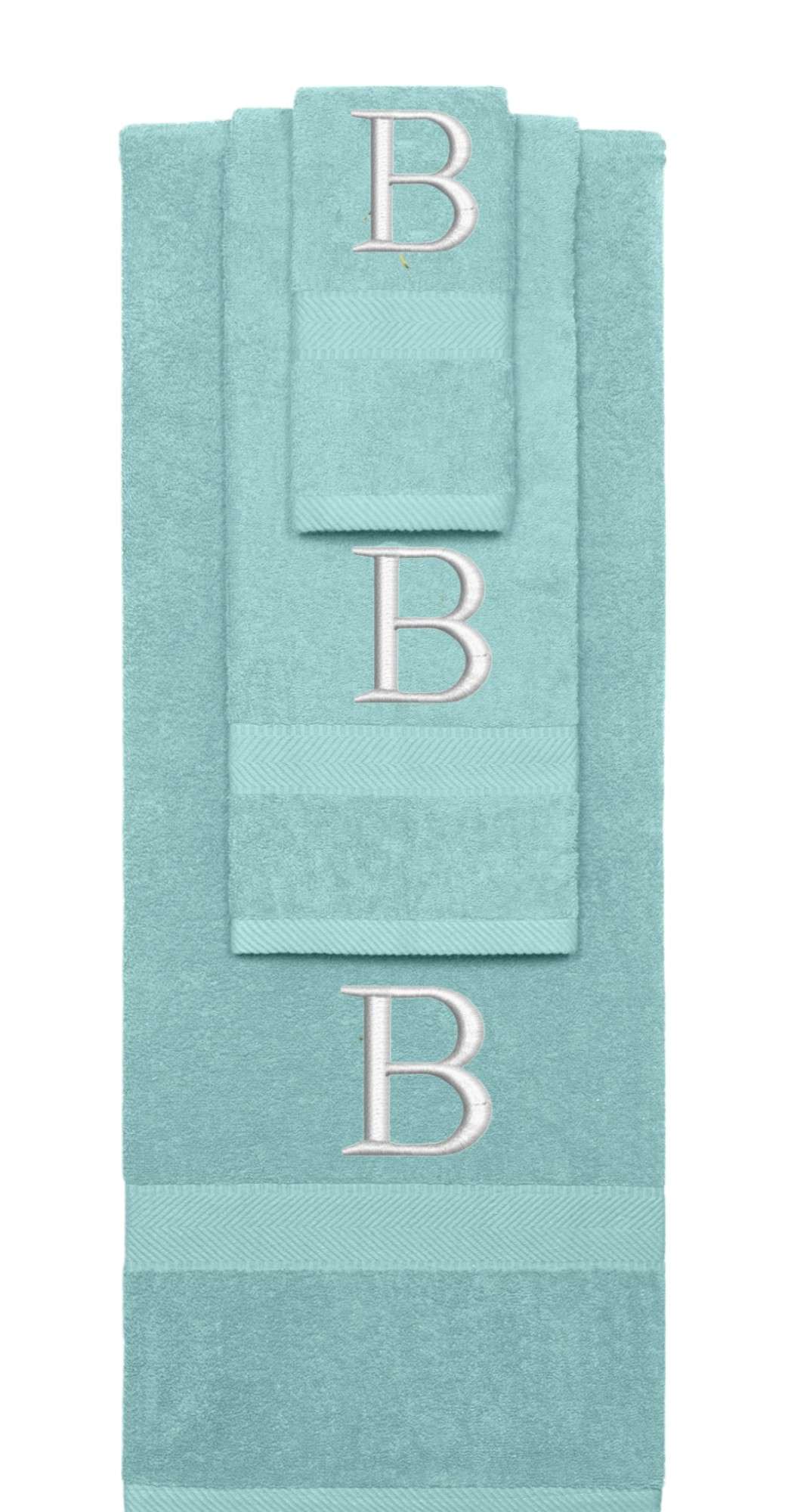 Nautical Teal monogrammed towel set with Silver thread, Times New Roman font, initial B - 540 GSM cotton 3-piece
