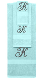 Nautical Teal monogrammed towel set with Black thread, Diana Script font, initial K - 540 GSM cotton 3-piece