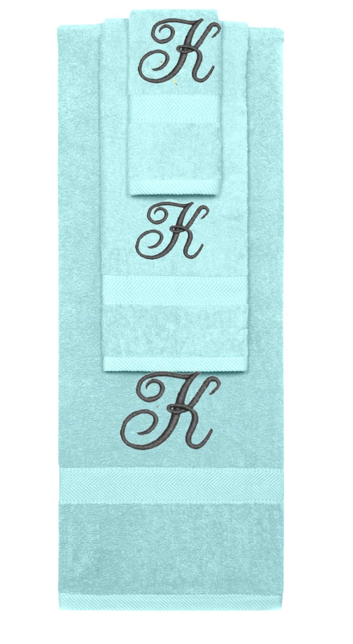Nautical Teal monogrammed towel set with Black thread, Diana Script font, initial K - 540 GSM cotton 3-piece