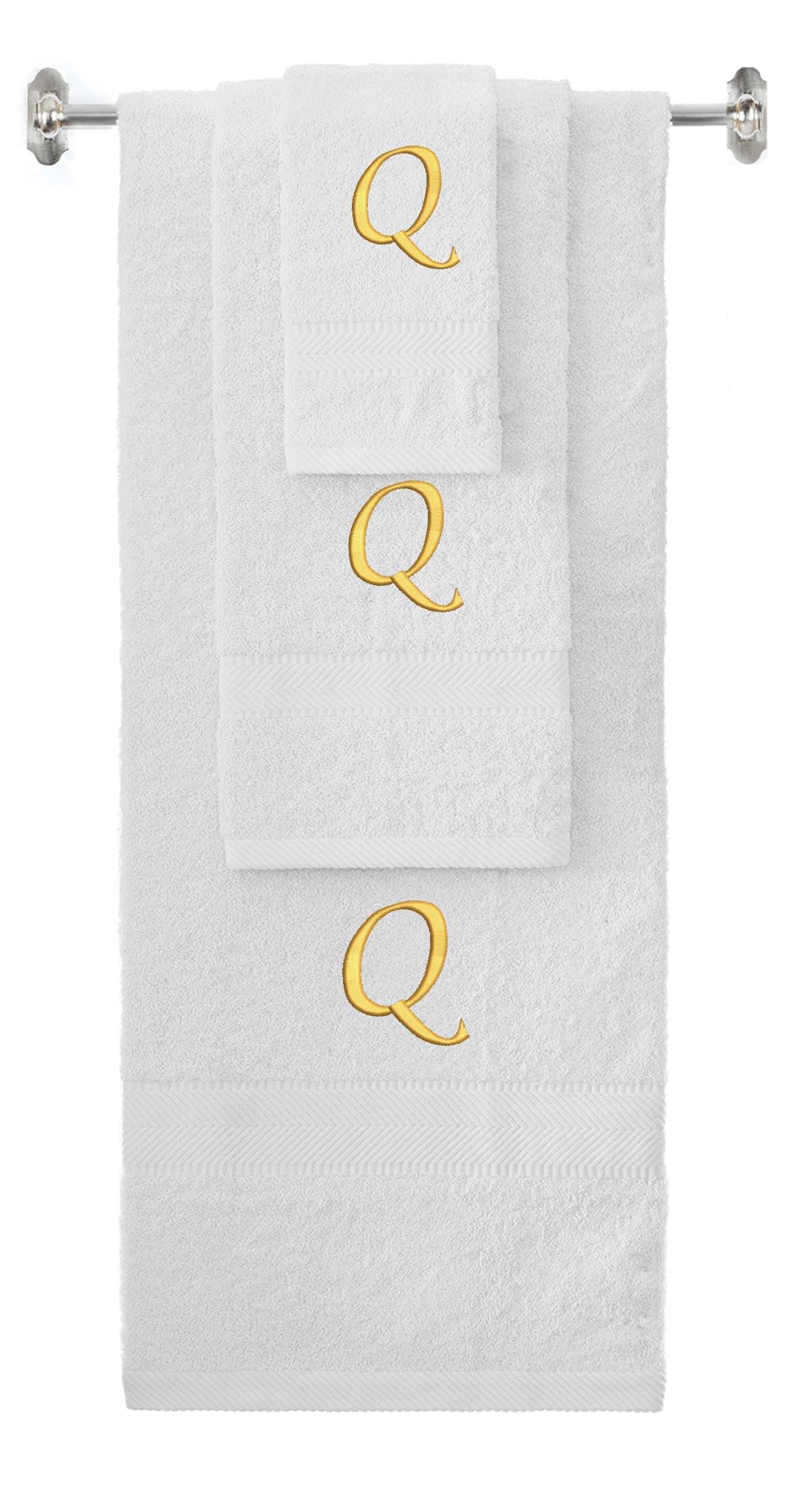 White monogrammed towel set with Gold thread, Chancery font, initial Q - 540 GSM cotton 3-piece