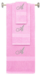 Pink monogrammed towel set with Silver thread, Diana Script font, initial A - 540 GSM cotton 3-piece