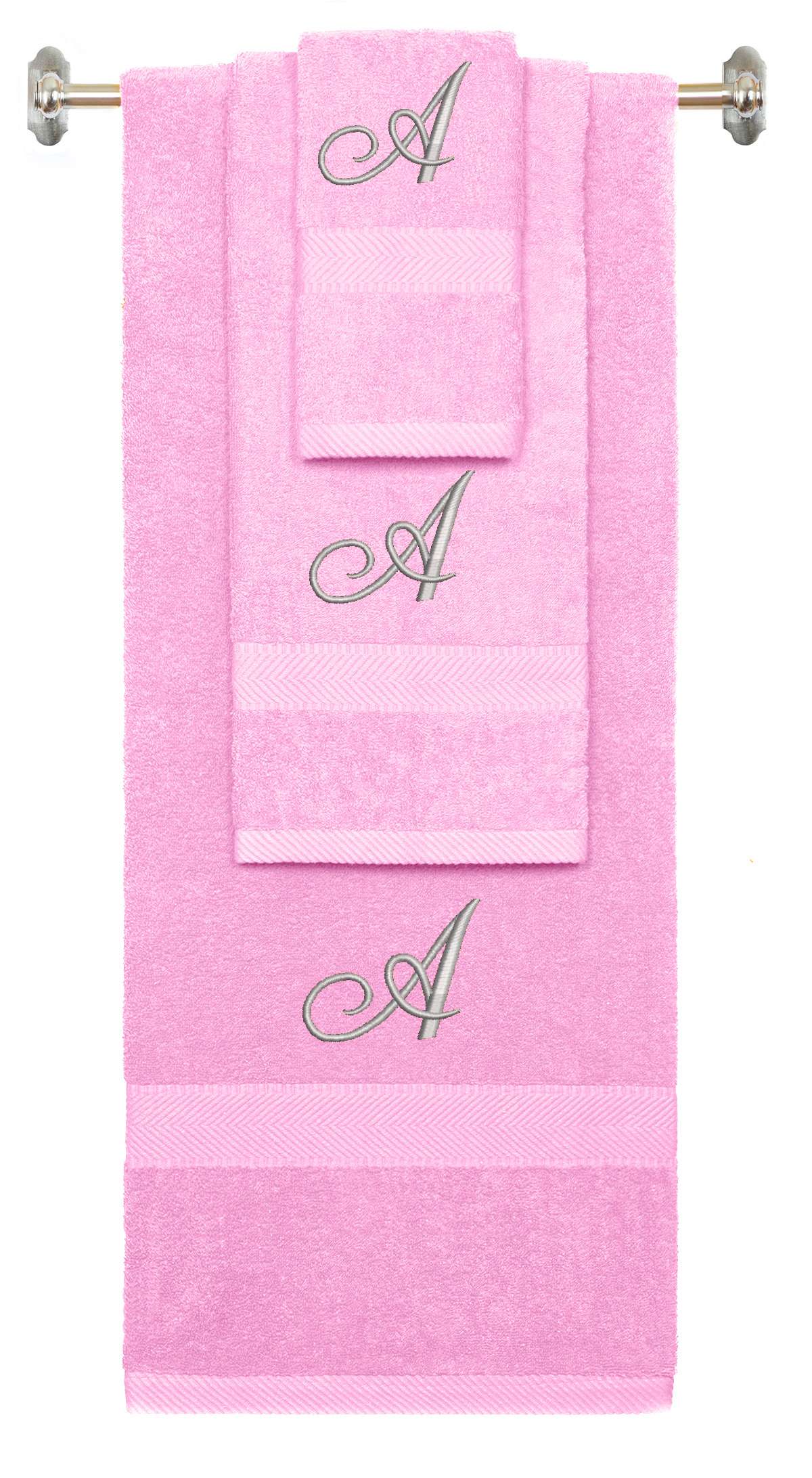 Pink monogrammed towel set with Silver thread, Diana Script font, initial A - 540 GSM cotton 3-piece