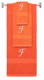 Orange monogrammed towel set with White thread, Chancery font, initial F - 540 GSM cotton 3-piece