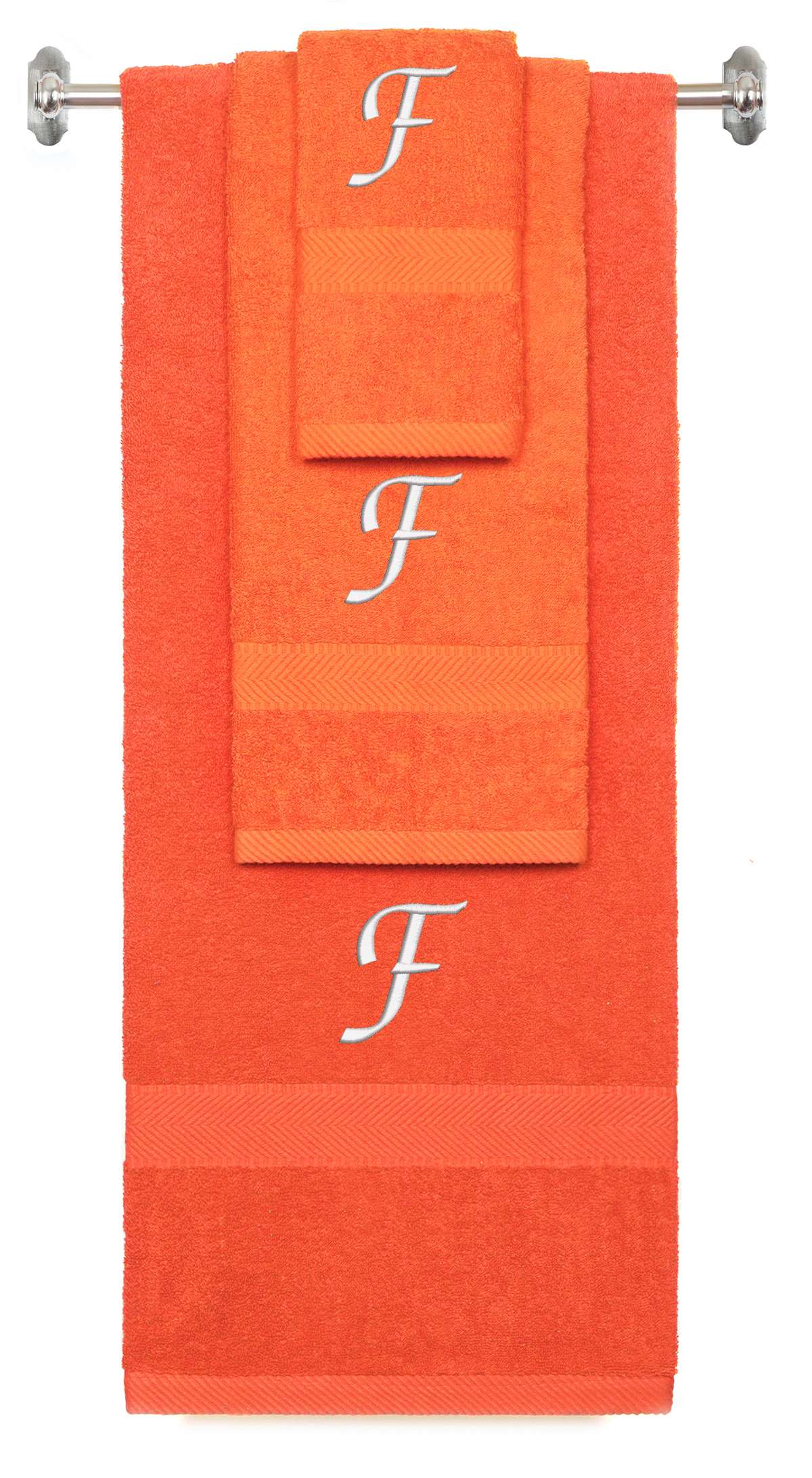 Orange monogrammed towel set with White thread, Chancery font, initial F - 540 GSM cotton 3-piece
