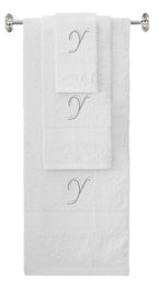 White monogrammed towel set with Silver thread, Chancery font, initial Y - 540 GSM cotton 3-piece