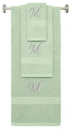 Mint Green monogrammed towel set with Silver thread, Chancery font, initial M - 540 GSM cotton 3-piece
