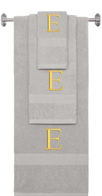 Silver monogrammed towel set with Gold thread, Times New Roman font, initial E - 540 GSM cotton 3-piece