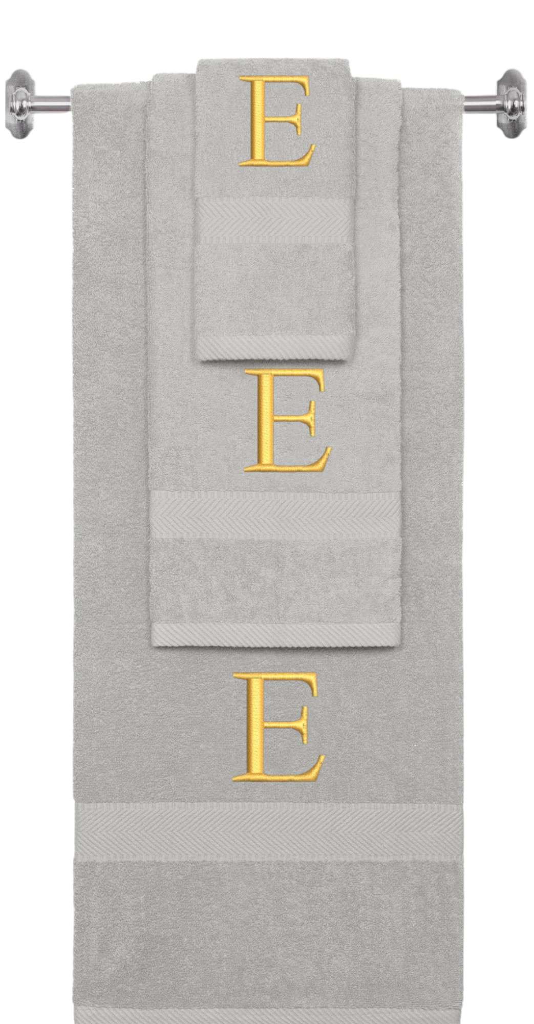 Silver monogrammed towel set with Gold thread, Times New Roman font, initial E - 540 GSM cotton 3-piece