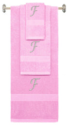 Pink monogrammed towel set with Silver thread, Chancery font, initial F - 540 GSM cotton 3-piece