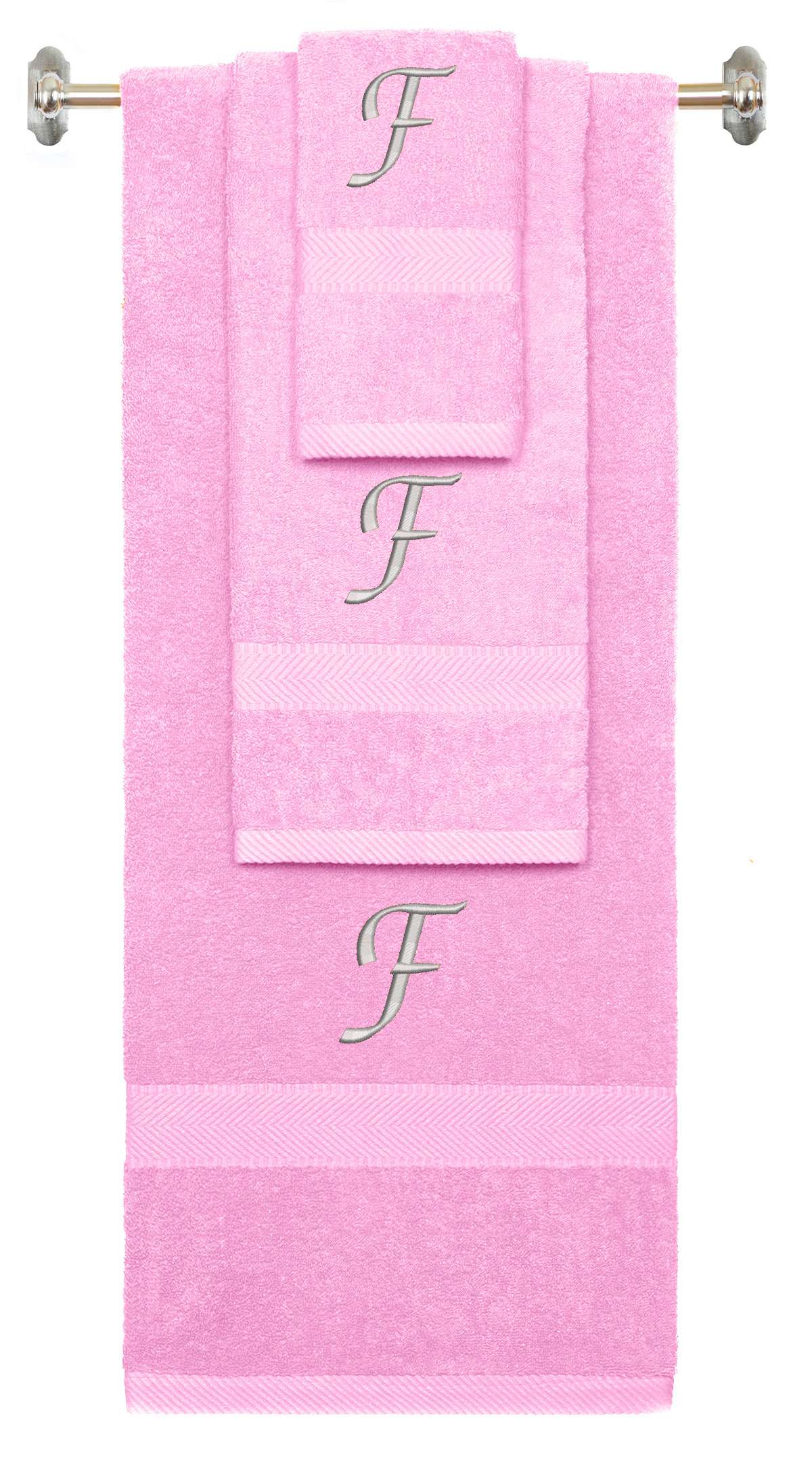 Pink monogrammed towel set with Silver thread, Chancery font, initial F - 540 GSM cotton 3-piece