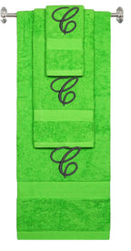 Lime monogrammed towel set with Black thread, Diana Script font, initial C - 540 GSM cotton 3-piece
