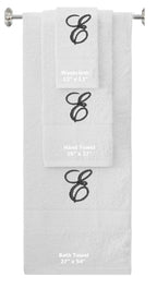 White monogrammed towel set with Black thread, Diana Script font, initial E - 540 GSM cotton 3-piece