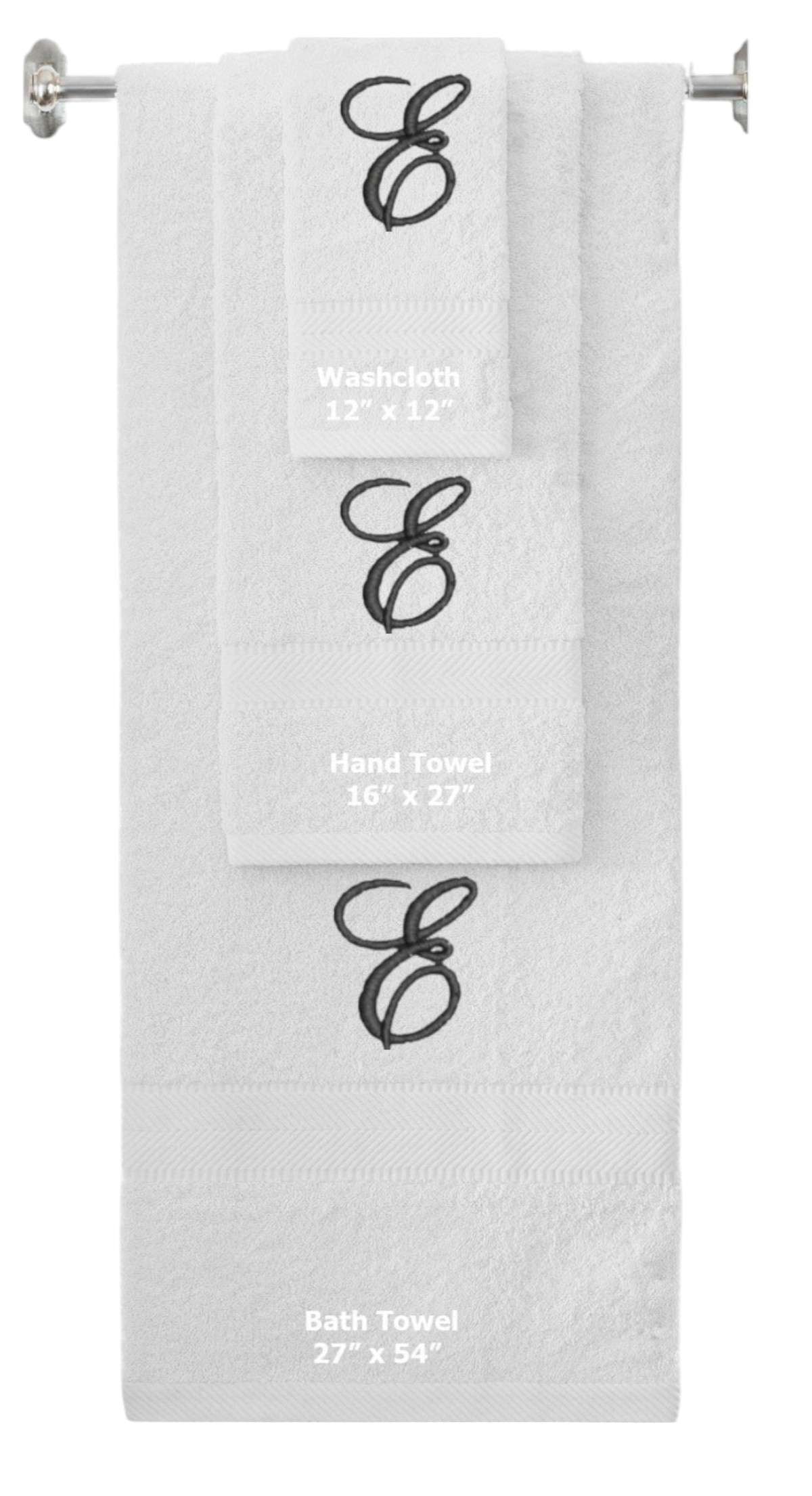 White monogrammed towel set with Black thread, Diana Script font, initial E - 540 GSM cotton 3-piece