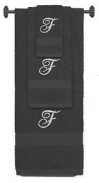Charcoal monogrammed towel set with Silver thread, Diana Script font, initial F - 540 GSM cotton 3-piece