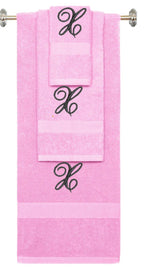 Pink monogrammed towel set with Black thread, Diana Script font, initial X - 540 GSM cotton 3-piece
