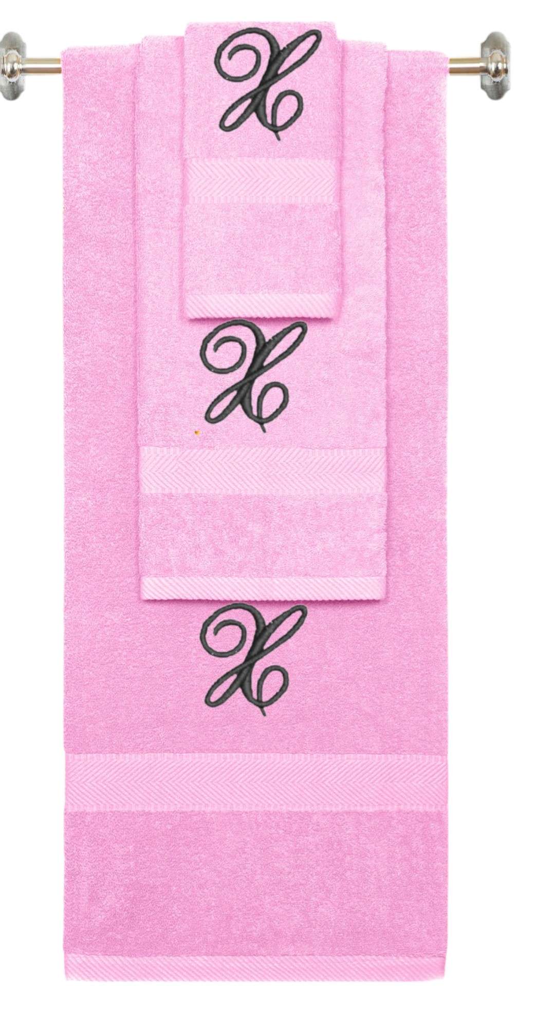 Pink monogrammed towel set with Black thread, Diana Script font, initial X - 540 GSM cotton 3-piece