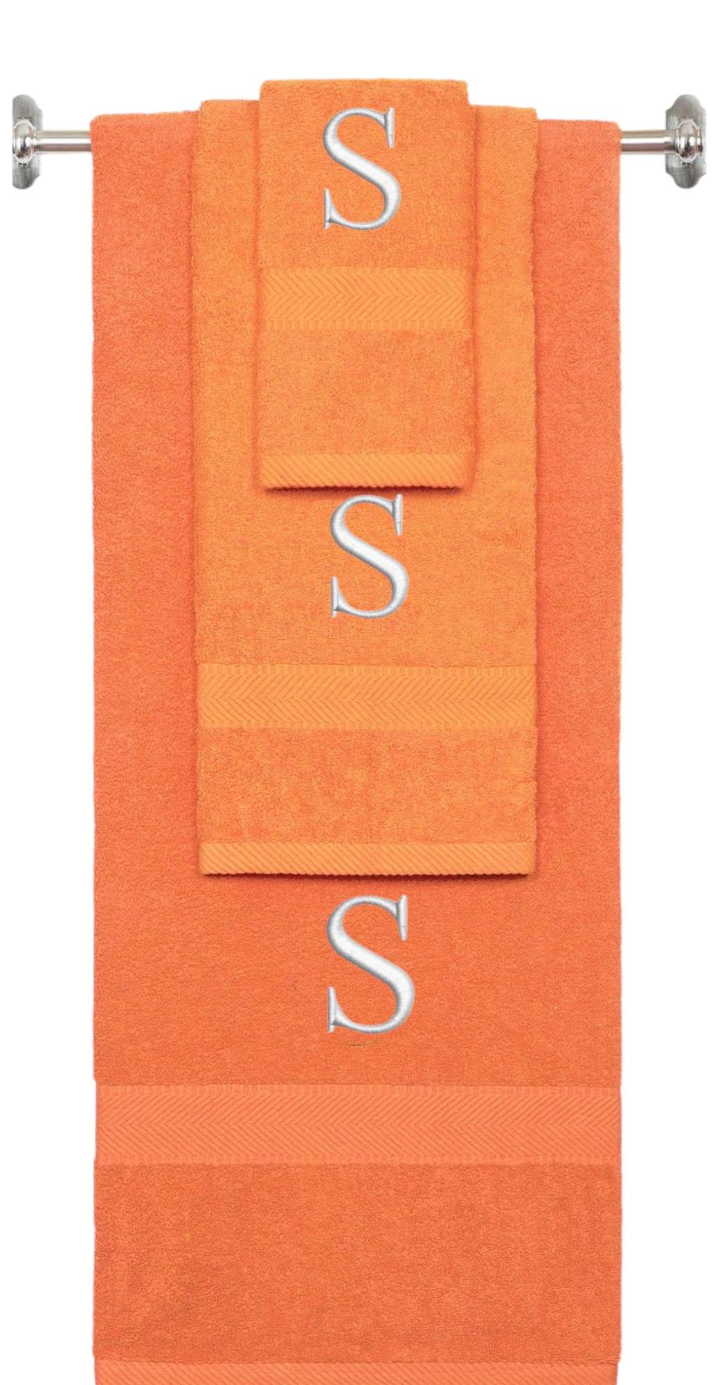 Orange monogrammed towel set with Silver thread, Times New Roman font, initial S - 540 GSM cotton 3-piece