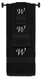 Black monogrammed towel set with Silver thread, Chancery font, initial W - 540 GSM cotton 3-piece