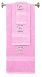 Pink monogrammed towel set with Silver thread, Chancery font, initial E - 540 GSM cotton 3-piece